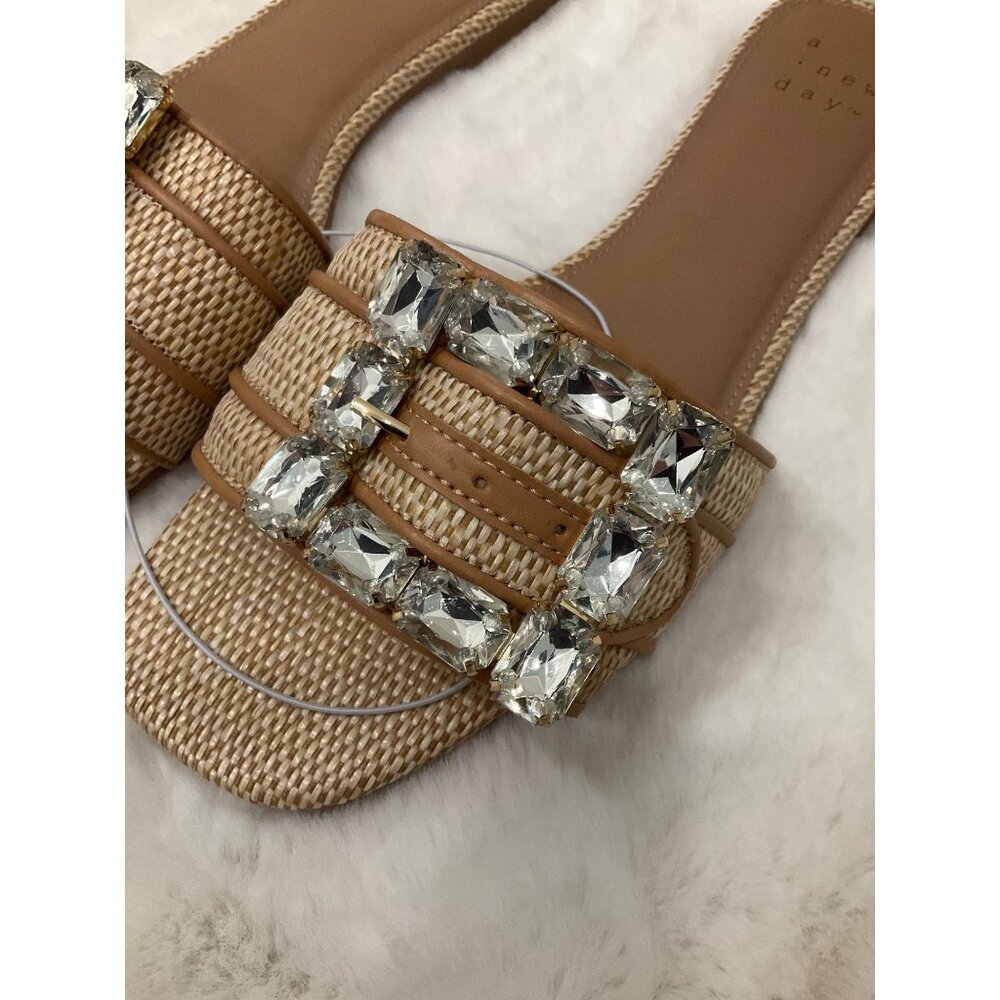 A New Day Kelsey size 9.5 NEW Rhinestone Buckle Slide Sandals, Tan Square Toe - Picture 4 of 6